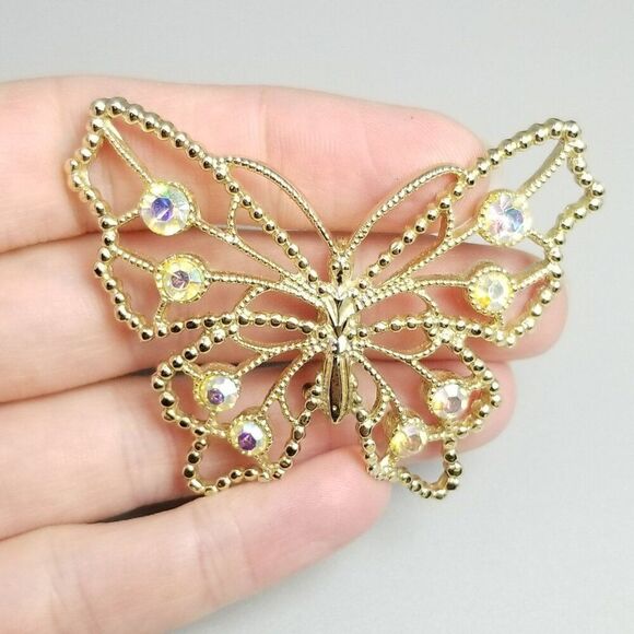 Vintage AB Rhinestone Butterfly Brooch, Pale Gold Tone, Cut Out Wings, Estate - Picture 6 of 6